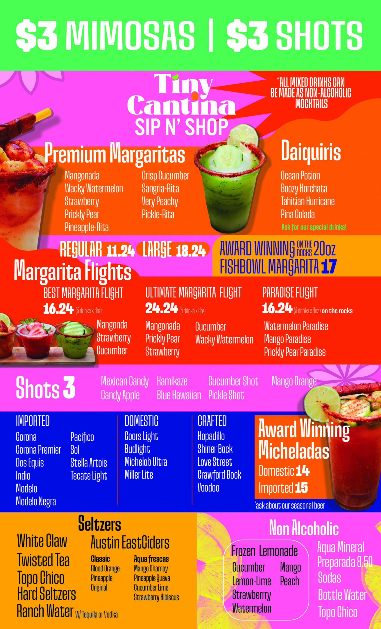 Colorful menu listing premium margaritas, daiquiris, and shots with prices and specials.